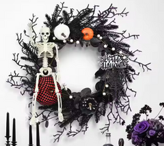 Gothic Black Twig Halloween Wreath with Dangling Skeleton