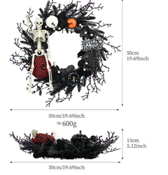 Gothic Black Twig Halloween Wreath with Dangling Skeleton