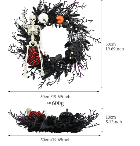 Gothic Black Twig Halloween Wreath with Dangling Skeleton