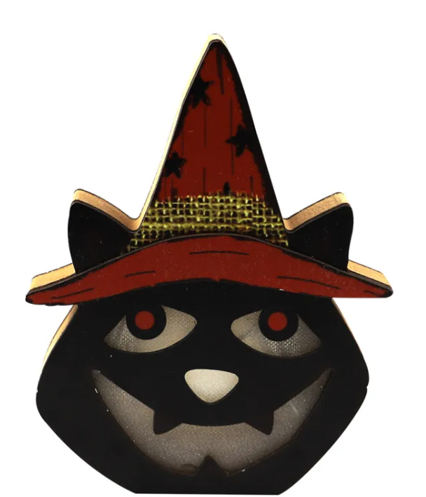 Wooden Halloween Witch Hat Lamp — Cat, Skull & Pumpkin Decor (3 Styles)