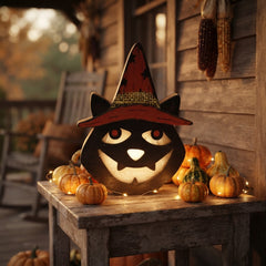 Wooden Halloween Witch Hat Lamp — Cat, Skull & Pumpkin Decor (3 Styles)