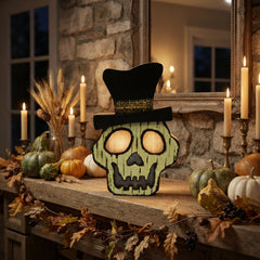 Wooden Halloween Witch Hat Lamp — Cat, Skull & Pumpkin Decor (3 Styles)