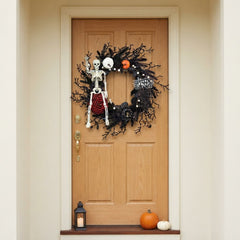 Gothic Black Twig Halloween Wreath with Dangling Skeleton