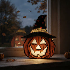 Wooden Halloween Witch Hat Lamp — Cat, Skull & Pumpkin Decor (3 Styles)